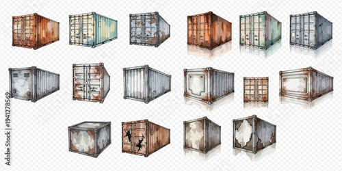 Set of watercolor illustrations of rusty shipping containers in various angles and conditions, isolated on a transparent background.