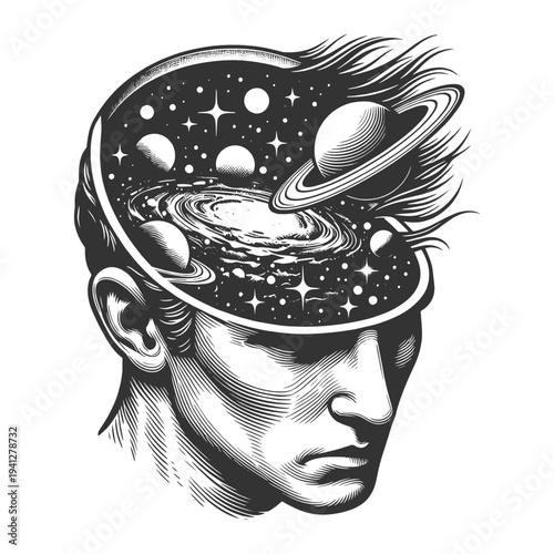 open human head revealing planets, stars, and galaxies, imagination, consciousness, creativity, and the universe of the mind sketch engraving vector illustration. Black and white image.