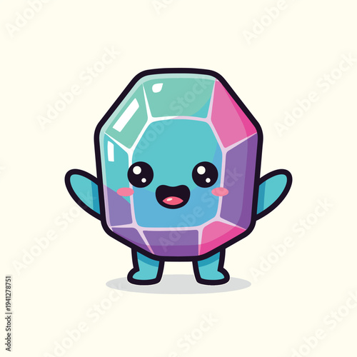 A cartoon gemstone character, multi-colored with big eyes, rosy cheeks, and an open mouth. It has tiny legs and arms, with a happy expression