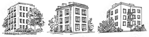 Collection of three hand drawn multi story residential apartment buildings in urban architectural style