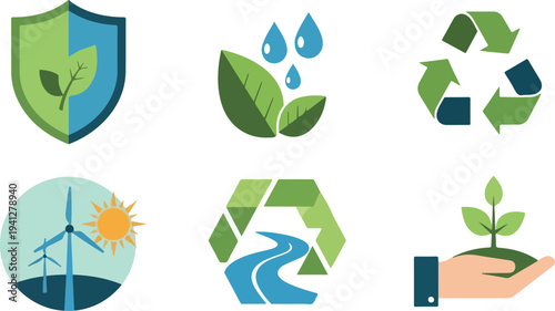 Set of 6 eco friendly icons vector, environmental protection symbols