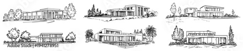 Set of modern luxury residential villas and contemporary houses in architectural sketch style
