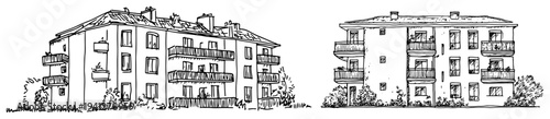 Hand drawn illustration of multi story apartment buildings with balconies in urban setting