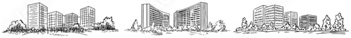 Hand drawn architectural sketches of city skylines and urban office buildings with trees