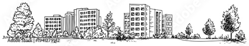 Detailed hand drawn panoramic view of city street with tall apartment buildings and park trees