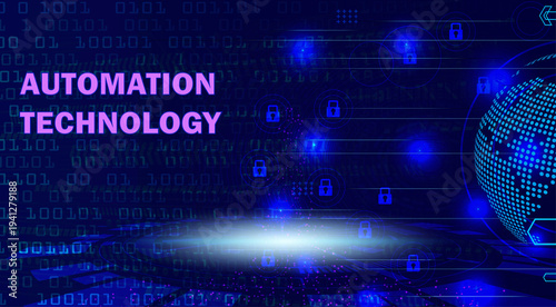 Automation technology digital background with cyber security locks for industrial website banner