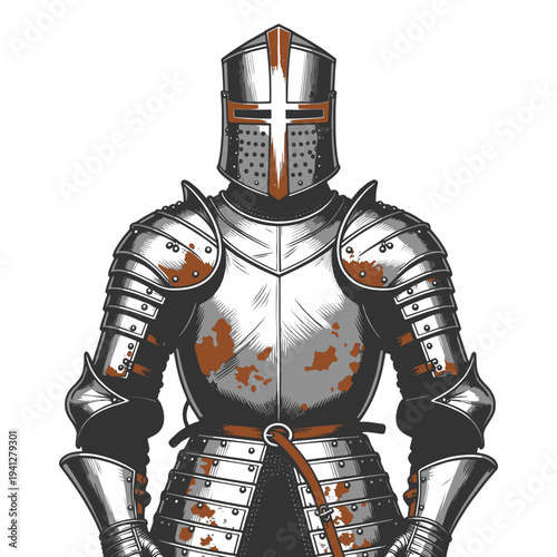 medieval knight wearing full plate armor with a cross symbol on the helmet, chivalry and crusader warrior history sketch engraving vector illustration. Scratch board. Black and white.