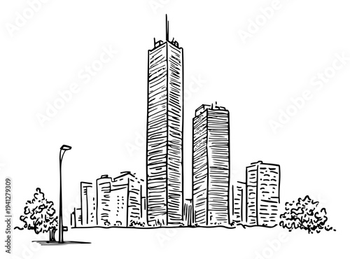 Hand drawn illustration of a city skyline with tall skyscrapers and urban buildings