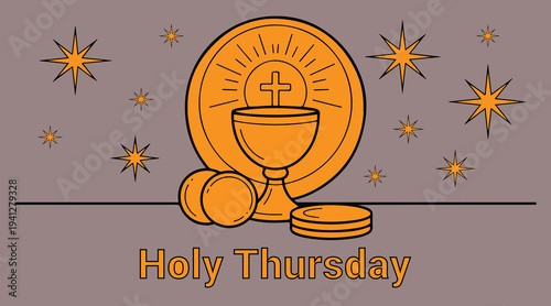 An artistic illustration depicting the Christian sacrament of Holy Communion, featuring a chalice, host, and symbolic stars