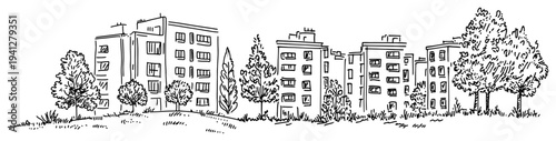 hand drawn sketch of urban apartment blocks surrounded by trees