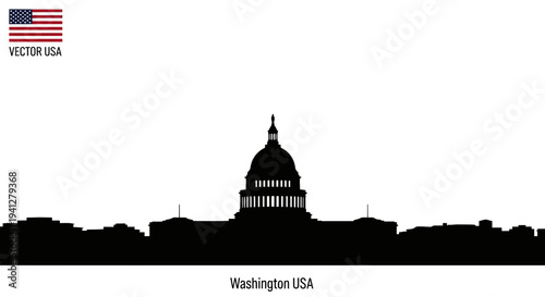 Washington DC Skyline Silhouette with US Flag - Iconic Capitol Building