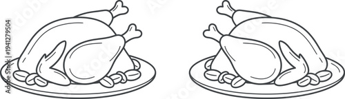 A line drawing of two roasted turkeys on plates with stuffing