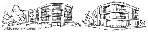 Set of hand drawn sketches featuring modern residential apartment buildings with balconies and trees