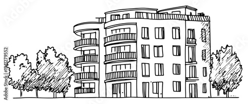 Hand drawn architectural sketch of a large contemporary multi story apartment building with balconies