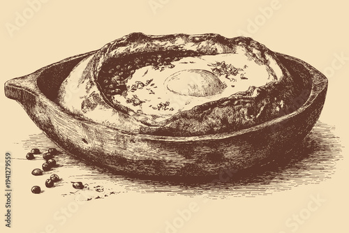 Adjarian Khachapuri illustration in a vintage style. This vector illustration can be used in any size you like for advertising, logos, and other work.
