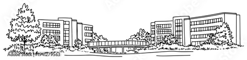 Hand drawn architectural sketch of a modern office complex or school campus with trees and walkway