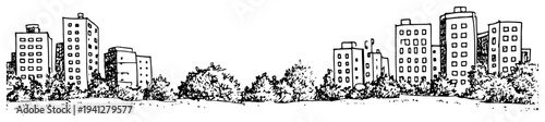 Panoramic hand drawn view of urban residential neighborhood with multi story apartment blocks and trees