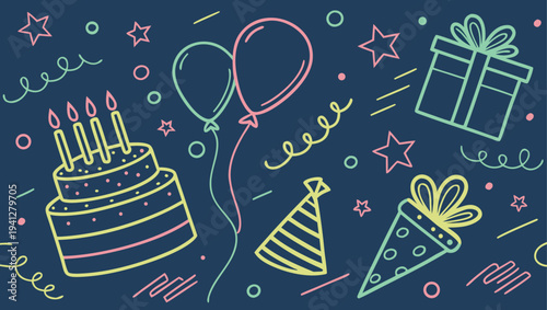 A festive assortment of birthday party elements including a cake, champagne bottle, balloons, and gifts in a doodle style
Happy birthday doodle celebration set with balloons cake gift fireworks party 