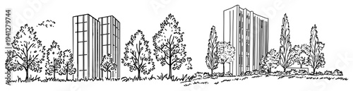 hand drawn cityscape with modern high rise buildings and green trees