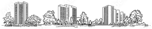 panoramic line art sketch of tall office buildings and park trees