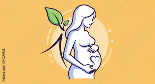 Pregnant woman holding belly with heart shape surrounded by green leaves and white circle on yellow background symbolizing love and nature