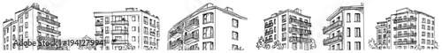 Set of hand drawn apartment building sketches for residential architectural design projects