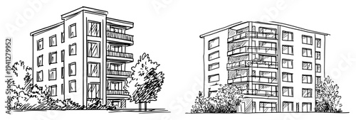 Hand drawn architectural sketch of a multi story residential apartment building with trees