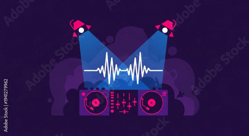 Dj equipment with speakers and sound wave on screen in front of crowd nightclub ambiance music festival vibe vibrant purple background
