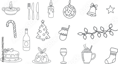 Christmas icons and symbols hand drawn in black and white