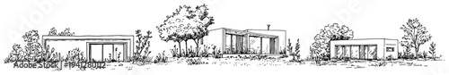 panoramic line art illustration of contemporary residential homes in nature