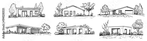 set of architectural sketches featuring diverse modern detached residential houses