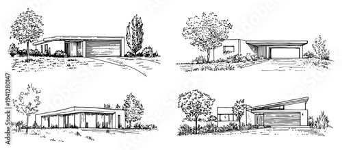 Set of four hand drawn minimalist modern house sketches with flat roofs and garages