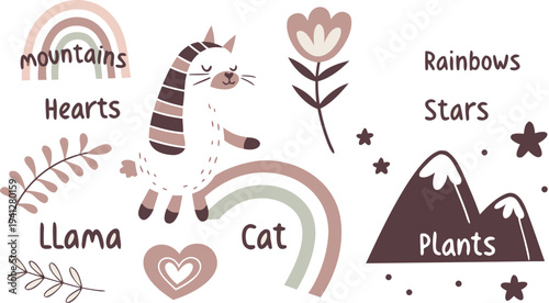 Set of cute llamas, alpacas, cacti, tropical plants and scandinavian elements. Vector funny boho style hand drawn illustration for your design
Collection of cute llama, decorative elements, cactus, 
