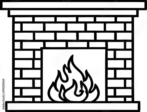 A black and white line drawing of a fireplace with flames burning inside a brick hearth
