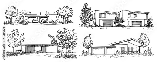 detailed sketches of modern suburban houses with garages and gardens
