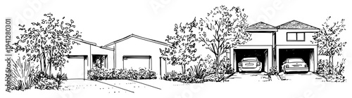 Detailed hand drawn sketches of modern houses with carports and lush garden landscaping