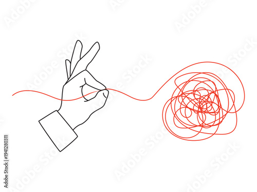 A hand pulls a thread from a tangled ball. Concept of problem solving and eliminating uncertainty - outline illustration with red accent. Vector illustration isolated on a white background