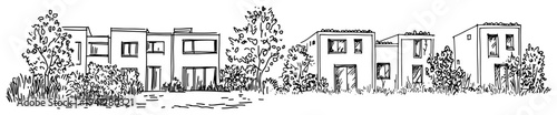 Hand drawn architectural sketch of modern residential townhouses in a suburban setting