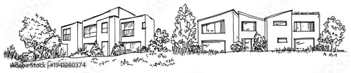 Sketch of contemporary suburban houses with green trees and garden surroundings