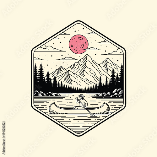 Adventurer Canoeing on Lake at Dusk with Mountains and Forest in Hexagonal Vector Illustration