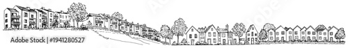 panoramic line art sketch of a peaceful village street with houses and trees