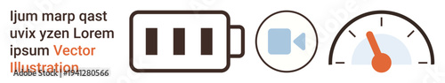 Energy management, media production, performance tracking, battery optimization, video recording, speed measurement. Battery icon, camera symbol and speedometer gauge. Energy management and media