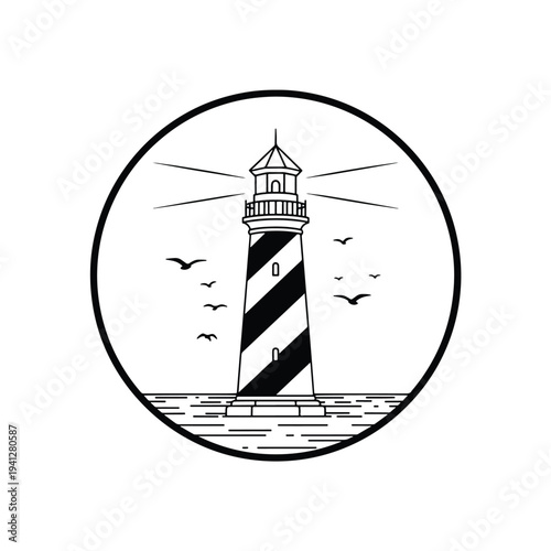 Stylized Vector Lighthouse Illustration Guiding Ships on the Ocean Waters