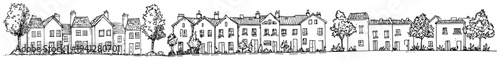Long panoramic hand drawn sketch of different traditional townhouse rows and garden trees