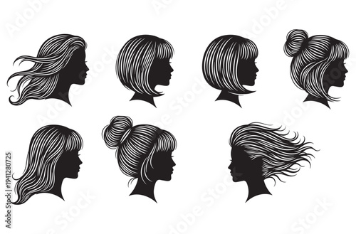Elegant woman hairstyles silhouettes showcasing various styles and textures for beauty product advertising and fashion editorials