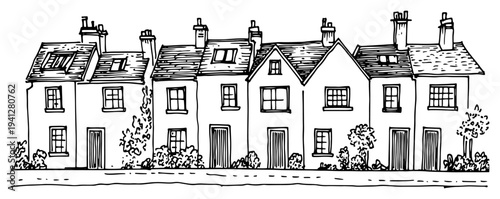 Hand drawn architectural sketch of a row of traditional english terraced houses