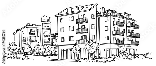 Hand drawn architectural sketch of a multi story urban residential building with balconies