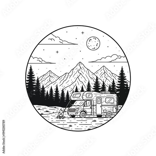 Overnight Wilderness Travel: Camper Van Parked by a Campfire Under a Starry Mountain Sky