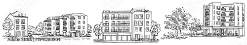 line art sketch of urban apartment blocks and residential buildings