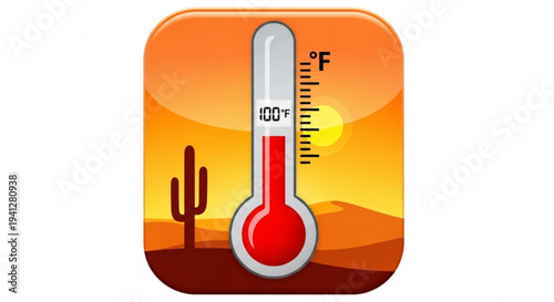 Thermometer in desert with cactus at sunset showing 100 degrees fahrenheit temperature